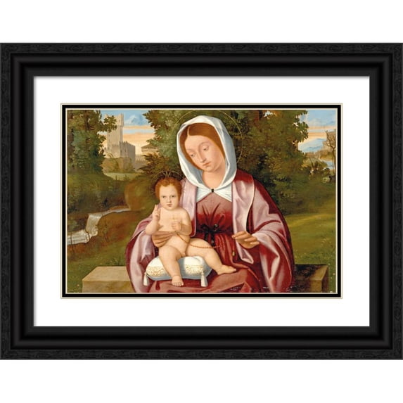 Andrea Previtali 18x14 Black Ornate Wood Framed Double Matted Museum Art Print Titled - Madonna and Child