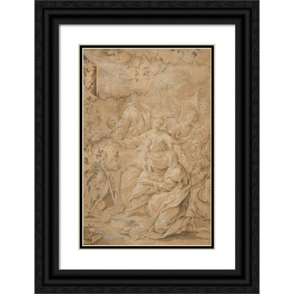 Andrea Sacchi 11x14 Black Ornate Wood Framed Double Matted Museum Art Print Titled: Holy Family (1599-1661)