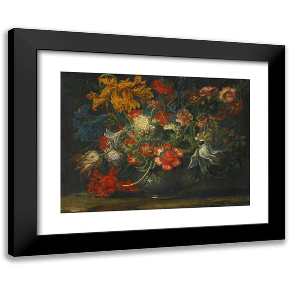 Andrea Scacciati 24x19 Black Modern Framed Museum Art Print Titled - A Still Life of Flowers in a Blue-And-White Porcelain Bowl, Resting on a Stone Ledge