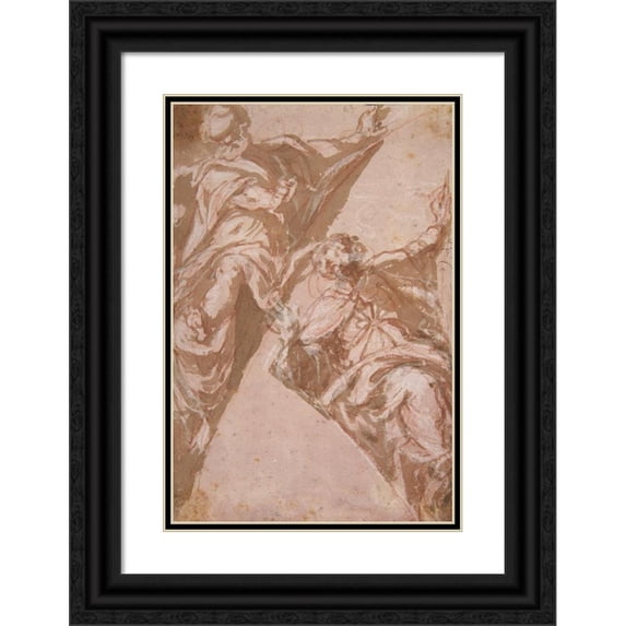 Andrea Schiavone 13x18 Black Ornate Wood Framed Double Matted Museum Art Print Titled - Two Seated Male Figures Within Spandrels (16th Century)