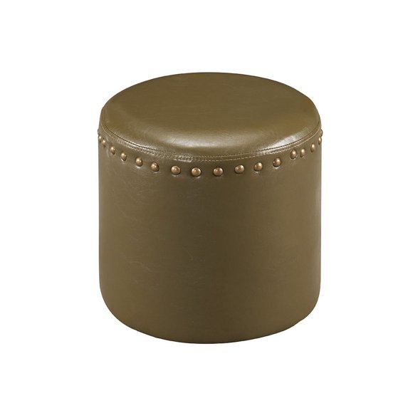 Andrea Transitional 15.5" Round Ottoman Footstool, Green Faux Leather