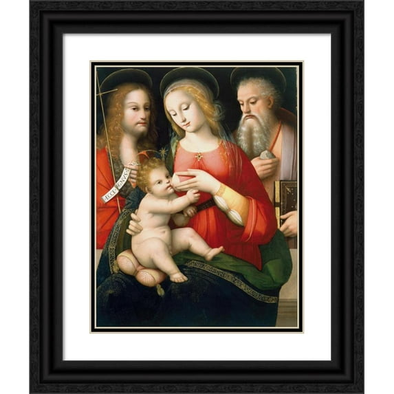 Andrea del Brescianino 12x14 Black Ornate Wood Framed Double Matted Museum Art Print Titled: Madonna with Child and Saints John the Baptist and Girolamo