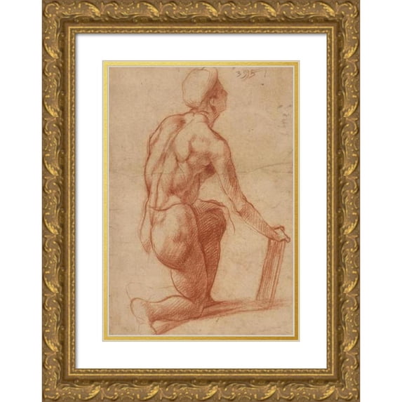 Andrea del Sarto 14x18 Gold Ornate Wood Frame and Double Matted Museum Art Print Titled - Study of a Kneeling Figure with a Sketch of a Face (1522-1526)