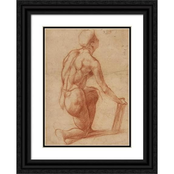 Andrea del Sarto 18x24 Black Ornate Framed Double Matted Museum Art Print Titled: Study of a Kneeling Figure with a Sketch of a Face (1522-1526)