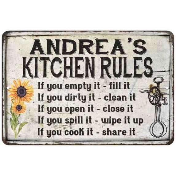 Andrea's Kitchen Rules Chic Sign Vintage Decor 12 x 18 Matte Finish Metal 112180032084