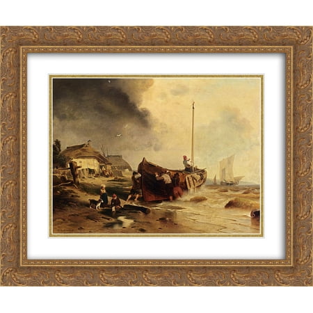 Andreas Achenbach 2x Matted 24x20 Gold Ornate Framed Art Print 'A Fishingboat On The Beach'