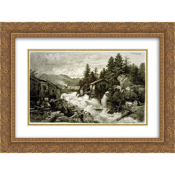 Andreas Achenbach 2x Matted 24x20 Gold Ornate Framed Art Print 'Logging Camp'
