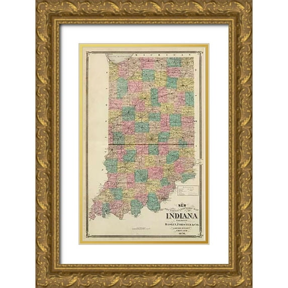 Andreas, Alfred Theodore 22x32 Gold Ornate Wood Framed with Double Matting Museum Art Print Titled - New sectional and township map of Indiana, 1876