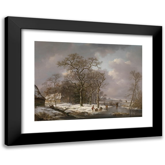 Andreas Schelfhout 18x14 Black Modern Framed Museum Art Print Titled - Figures in a Winter Landscape