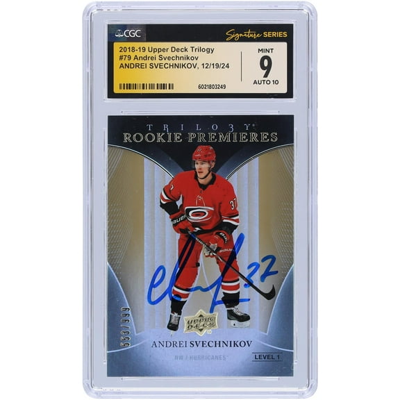 Andrei Svechnikov Carolina Hurricanes Autographed 2018-19 Upper Deck Trilogy #79 #/999 CGC Fanatics Witnessed Authenticated 9/10 Rookie Card - Fanatics Authentic Certified