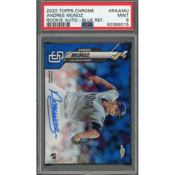 Andres Munoz 2020 Topps Chrome Rookie Autographs Blue Refractor Baseball Card RC #RAAMU Graded PSA 9 MINT /150
