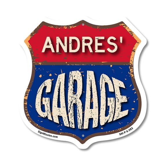 Andres's Garage 6 inch X 6 inch Shield Shaped Commercial Grade Plastic Sign Weather Resistant, UV Protected To last, Gift for Dads and Uncles Classic Americana Crafted in the USA