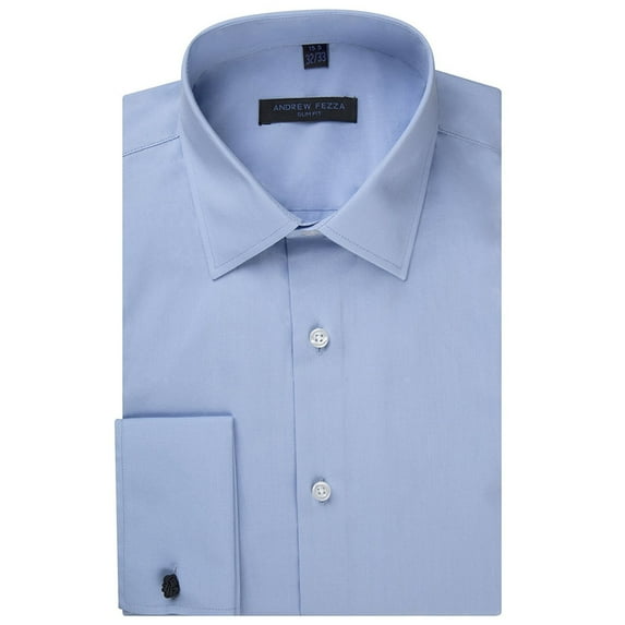 Andrew Fezza Men's Slim Fit French Cuff Solid Cotton Dress Shirt - Light Blue - 15.5 2-3