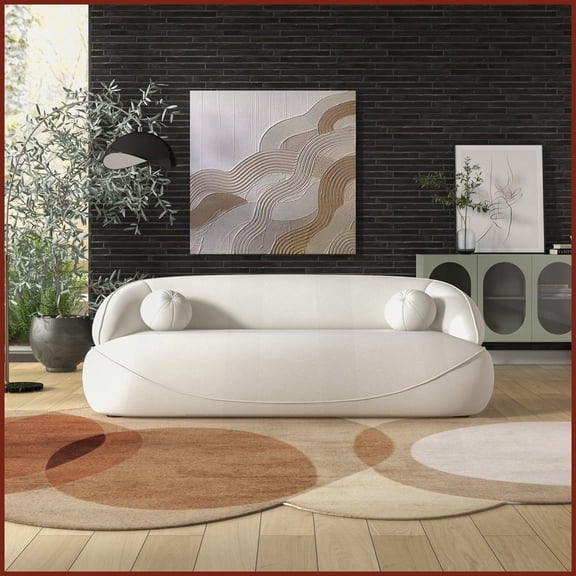 Andrew French-Inspired Beige Boucle Tufted Sofa Easy-Clean Living Room Centerpiece with Removable Walnut Legs