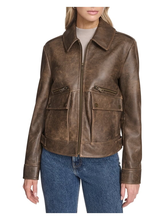 womens Leather Aviator Jacket, l, Brown