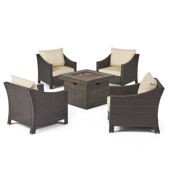 Andrew Outdoor 5 Piece Wicker Water Resistant Cushion Chat Set with Fire Pit