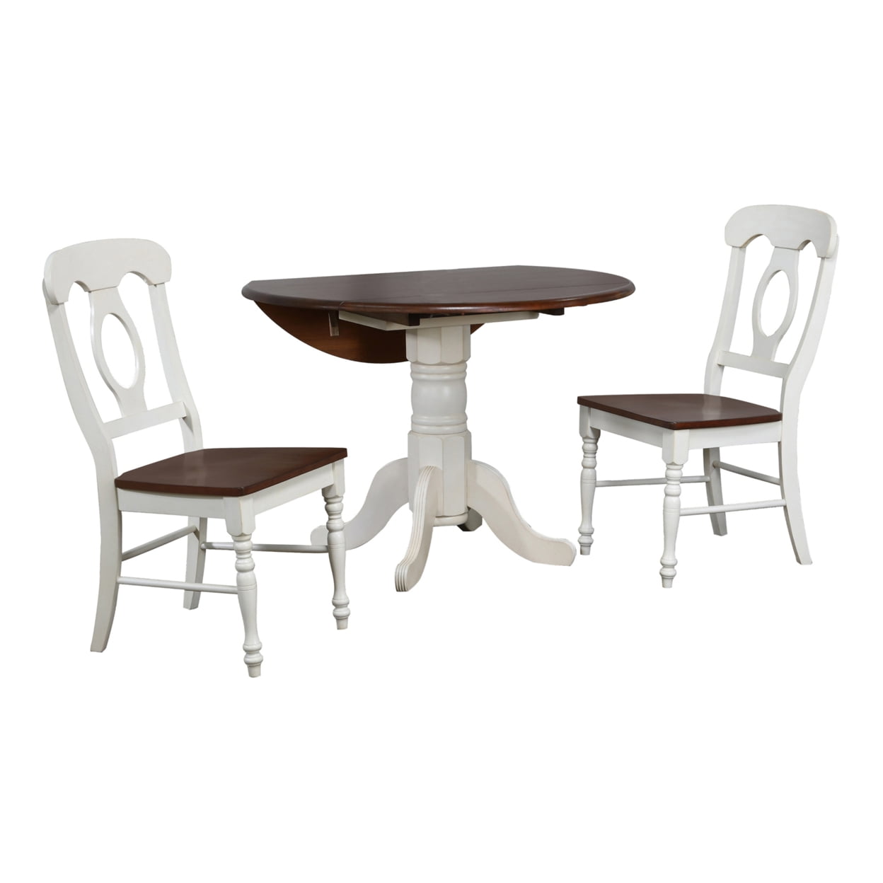 Andrews 3-Piece Round Wood Top Distressed Antique White With Chestnut Brown Dining Set With Napoleon Chairs
