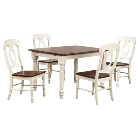 Besthom Andrews 5-Piece Solid Wood Top Distressed Antique White with Chestnut Brown Dining Table Set with Extendable Butterfly and Napoleon Chairs
