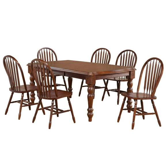 Sunset Trading Andrews 7 Piece 56-72" Rectangular Extendable Dining Set with Windsor Arrowback Chairs | 2 Size Extending Table | Chestnut Brown Solid Wood | Seats 8