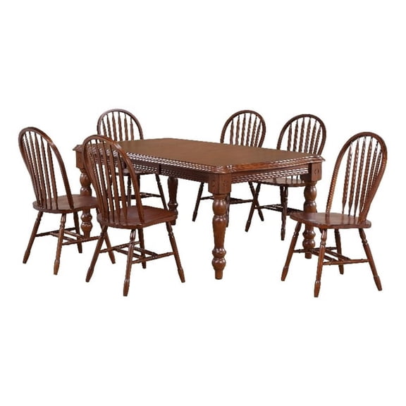 Andrews 7PC Rectangle Extending Dining Set w Windsor Chairs Chestnut Brown Wood
