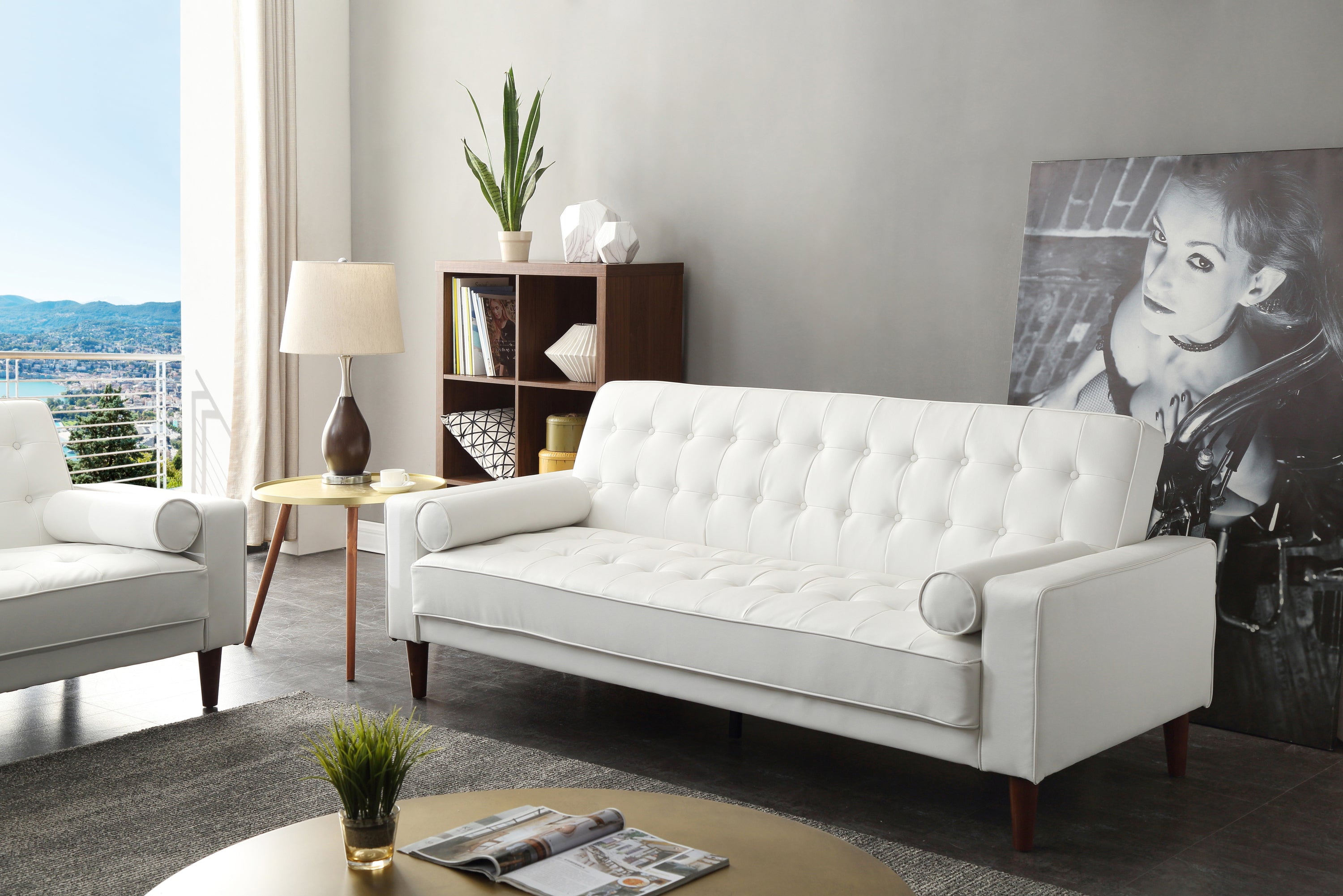 85'' White Faux Leather Tufted Loveseat with Wood Legs