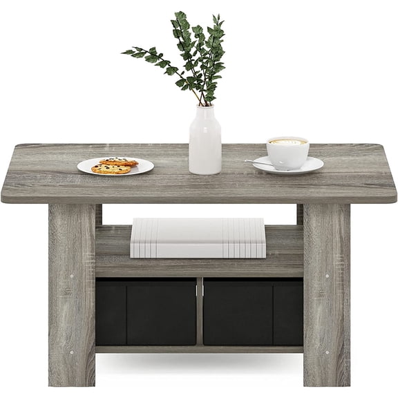 Andrey Coffee Table with Storage Bin Drawer, French Oak Gray & Black Finish, Modern Rectangular Coffee Table with Hidden Storage for Living Room & Home