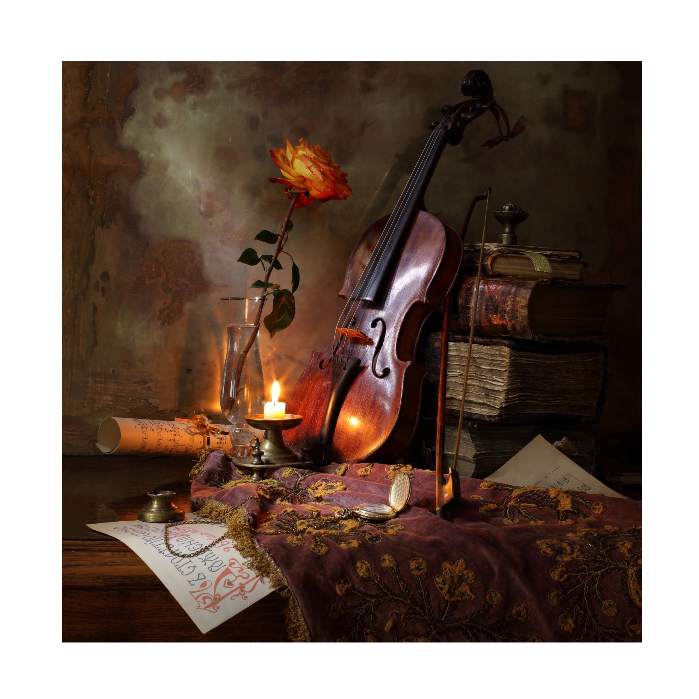 Andrey Morozov 'Still Life With Violin And Rose' Canvas Art