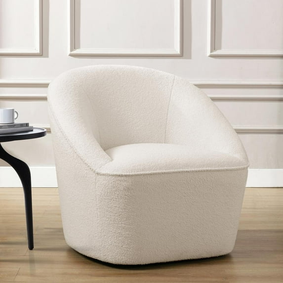 Andria Milky White Textured Polyester Boucle Fabric Swivel Accent Chair