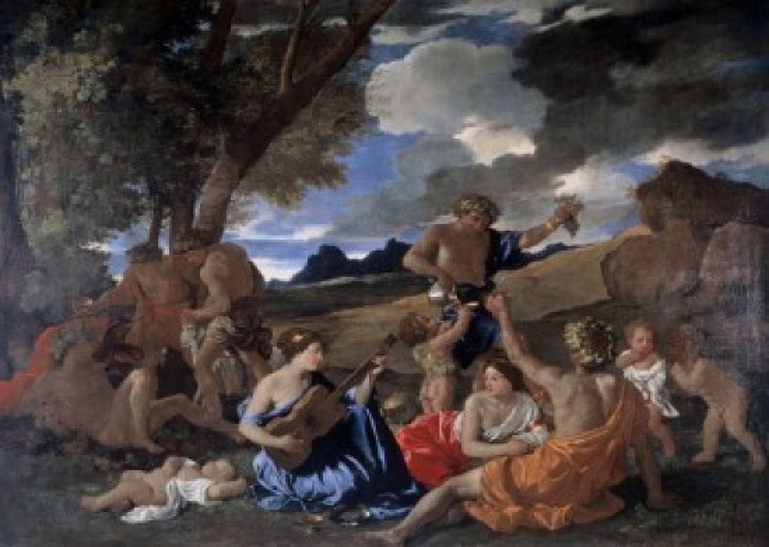 The Andrians Known as the Great Bacchanal with Woman Playing a Lute Nicolas Poussin (1594-1665French) Musee du Louvre Paris Canvas Art - Nicolas Poussin (24 x 36)