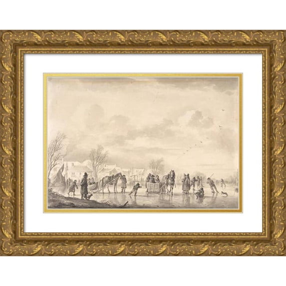 Andries Vermeulen 14x11 Gold Ornate Wood Frame and Double Matted Museum Art Print Titled - Winter Landscape with Skaters and Horse-Drawn Sledges on the Ice, a Village Below