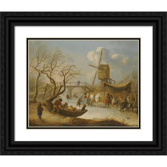 Andries Vermeulen 14x12 Black Ornate Wood Framed Double Matted Museum Art Print Titled: A Winter Landscape with Skating Figures and a Horse-Drawn Sleigh Near a Wind Mill (1798)