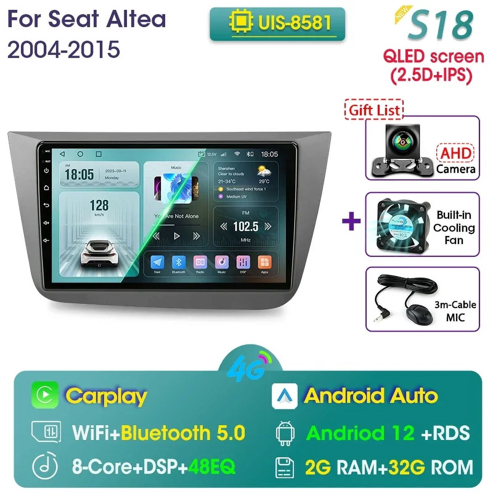 Radio Android 9" Para Seat Altea/Toledo 2004-2015 - Con Carplay/Android Auto Inalámbrico, GPS, Bluetooth Y Cámara Trasera