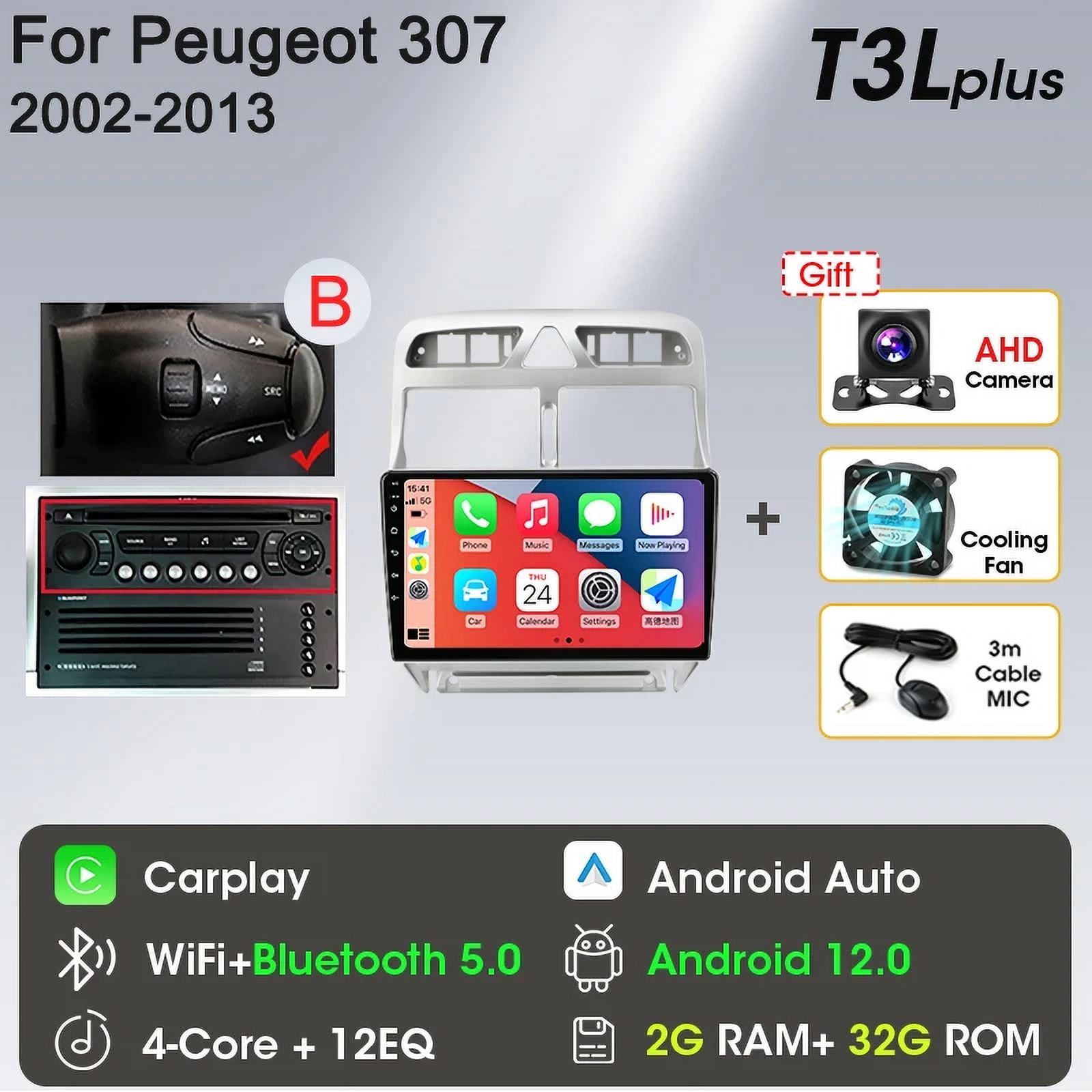 Autoradio Android 9 Pollici Per Peugeot 307 2002-2013 - Wireless CarPlay, Android Auto, GPS, WiFi, Controllo Volante