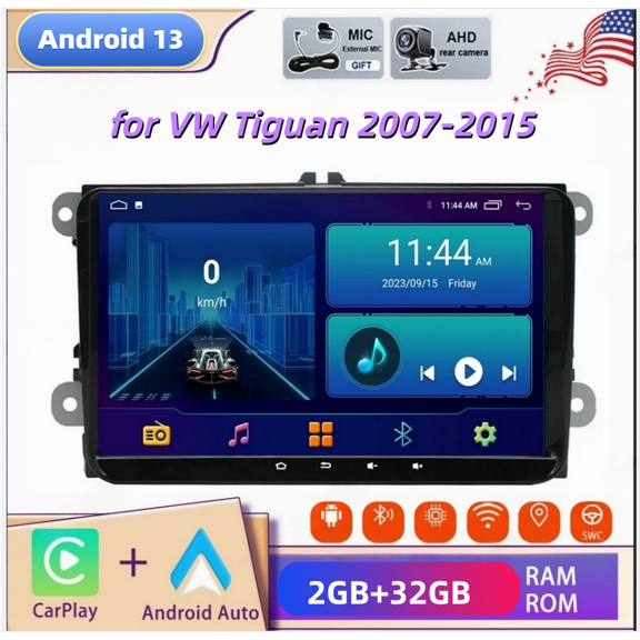 Android 13 2+32G 9in Car Stereo Radio for VW Tiguan 2007-2015 with Carplay Android Auto GPS Navigation Bluetooth WiFi FM/RDS SWC Mirror Link + AHD Backup Camera/Microphone