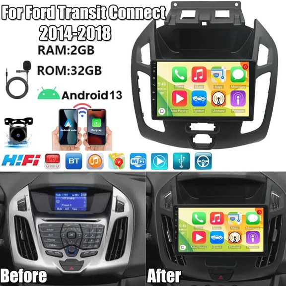 Android 13 Car Stereo GPS Navigation 2+32G for Ford Transit/ Tourneo Connect 2014-2018 Built-in CarPlay Android Auto 9in Car Radio with Bluetooth FM/RDS WiFi SWC + AHD Backup Camera/Microphone
