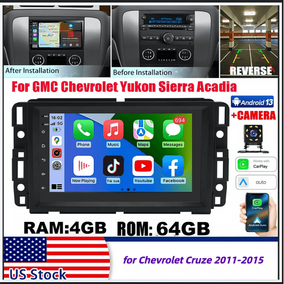 Android 13 Car Stereo GPS Navigation 4+64G for Chevrolet Cruze 2011-2015 Support Wireless Carplay Android Auto 7in Car Radio with Bluetooth FM/RDS WiFi SWC Split Screen + AHD Backup Camera Mic