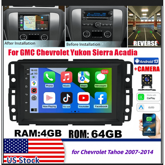 Android 13 Car Stereo GPS Navigation 4+64G for Chevrolet Tahoe 2007-2014 Support Wireless Carplay Android Auto 7in Car Radio with Bluetooth FM/RDS WiFi SWC Split Screen + AHD Backup Camera Mic