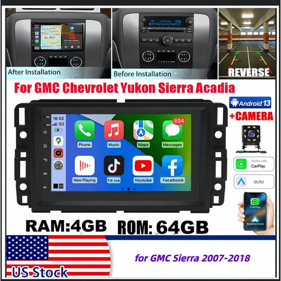 Android 13 Car Stereo GPS Navigation 4+64G for GMC Sierra 2007-2018 Support Wireless Carplay Android Auto 7in Car Radio with Bluetooth FM/RDS WiFi SWC Split Screen + AHD Backup Camera Mic