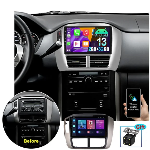 Android 13 Car Stereo Radio GPS Navigation 2+32G for Honda Pilot 2006-2008 Built-in Wireless CarPlay Android Auto 9in Car Radio with Bluetooth WiFi FM/RDS SWC + 4Led Backup Camera