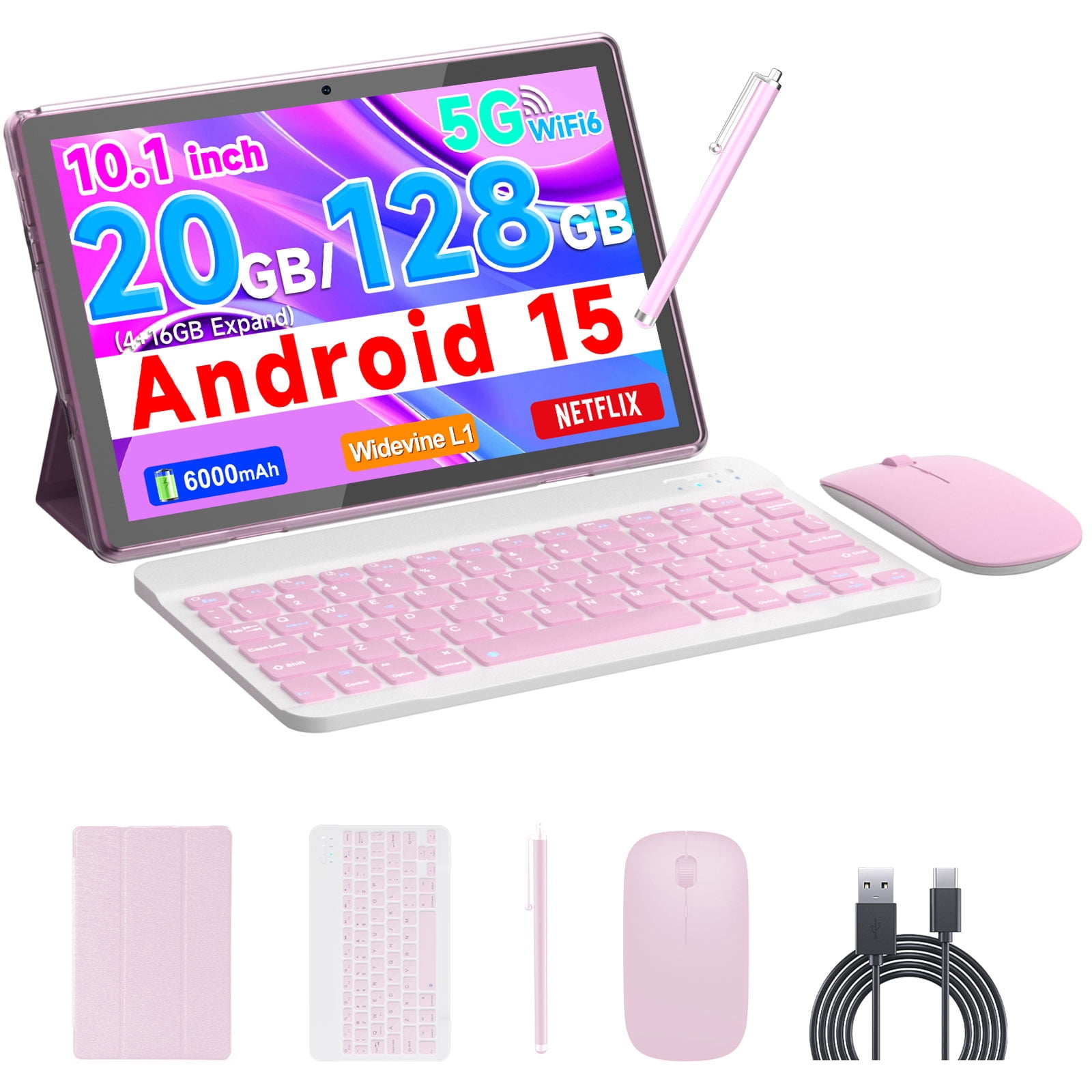 Android 15 Tablet 10 Inch, 20GB RAM+128GB ROM/2TB Expand Tablet, Newest 2 in 1 Tablets with Keyboard Mouse Case Stylus, Quad-core 2.0GHz Processor Tablet, 1280*800 IPS HD Touchscreen, 5G WiFi6 Tablet