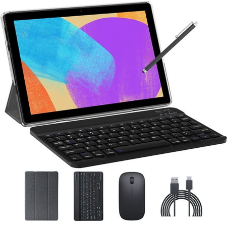 Android 13 Tablet 10 inch Tablets with Keyboard, 10GB RAM 64GB ROM Quad Core Tablet PC, 2 in 1 Tablet include Case Mouse Stylus Film, WiFi, Bluetooth, 6000mAh Battery, HD Screen, GMS Certified, Black