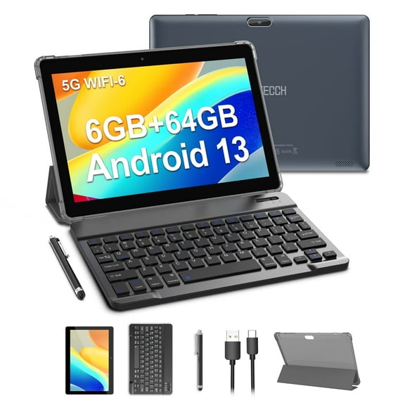 Android 13 Tablet 4GB RAM 64GB ROM, 10.1 inch Wifi 6 Tablet with Keyboard, 4 Core, 1TB Expand, 2MP+8MP Dual Camera