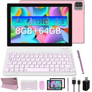 Android 13 Tablet with Keyboard, 2024 Newest 10.1 inch 2 in 1 Tablets, 8GB RAM+64GB ROM with Case Mouse Stylus, 1.8GHz Quad Core, 1280*800 HD Touch Screen, 8MP Dual Camera, Games, Wi-Fi, BT Tableta PC