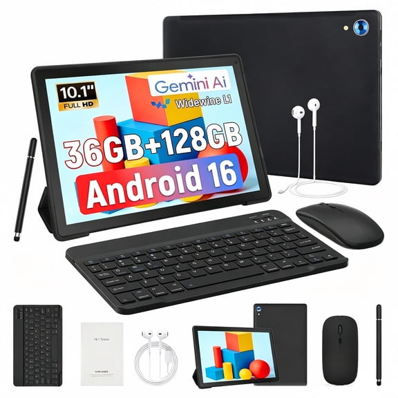 BUFO Gemini AI 10 Inch Tablet with Keyboard set, 36GB+128GB, Android 16 Octa-Core & Split Screen, Wi-Fi 6, Dual Cameras, 5000mAh, Black