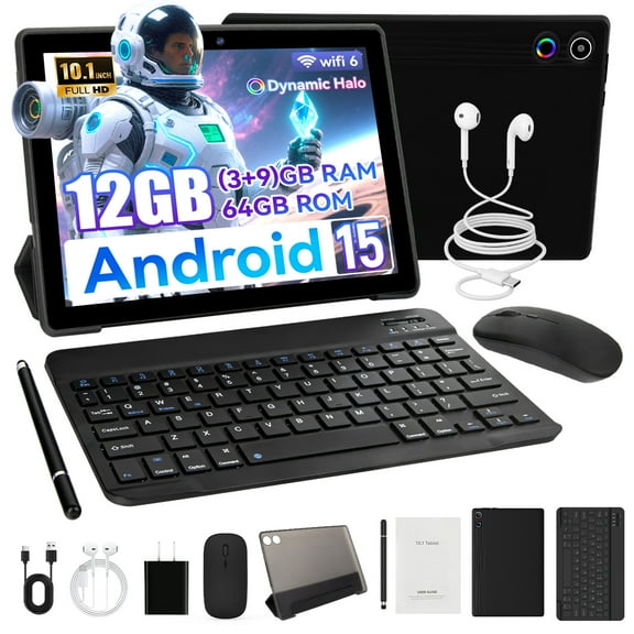 Android 15 10-Inch Tablet with Case, Octa-Core IPS HD Touchscreen, 12GB+64GB (1TB TF Expandable), Widevine L1, 5000mAh, Wi-Fi 6, Face Unlock, Black+ Black Keyboard & Mouse Set