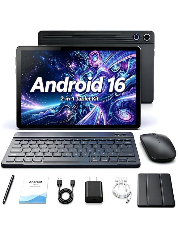 Android 16 10.1 Inch 2-in-1 Tablet Bundle, 20GB + 64GB (1TB Expandable) with Keyboard, Mouse, Stylus & Case, Black