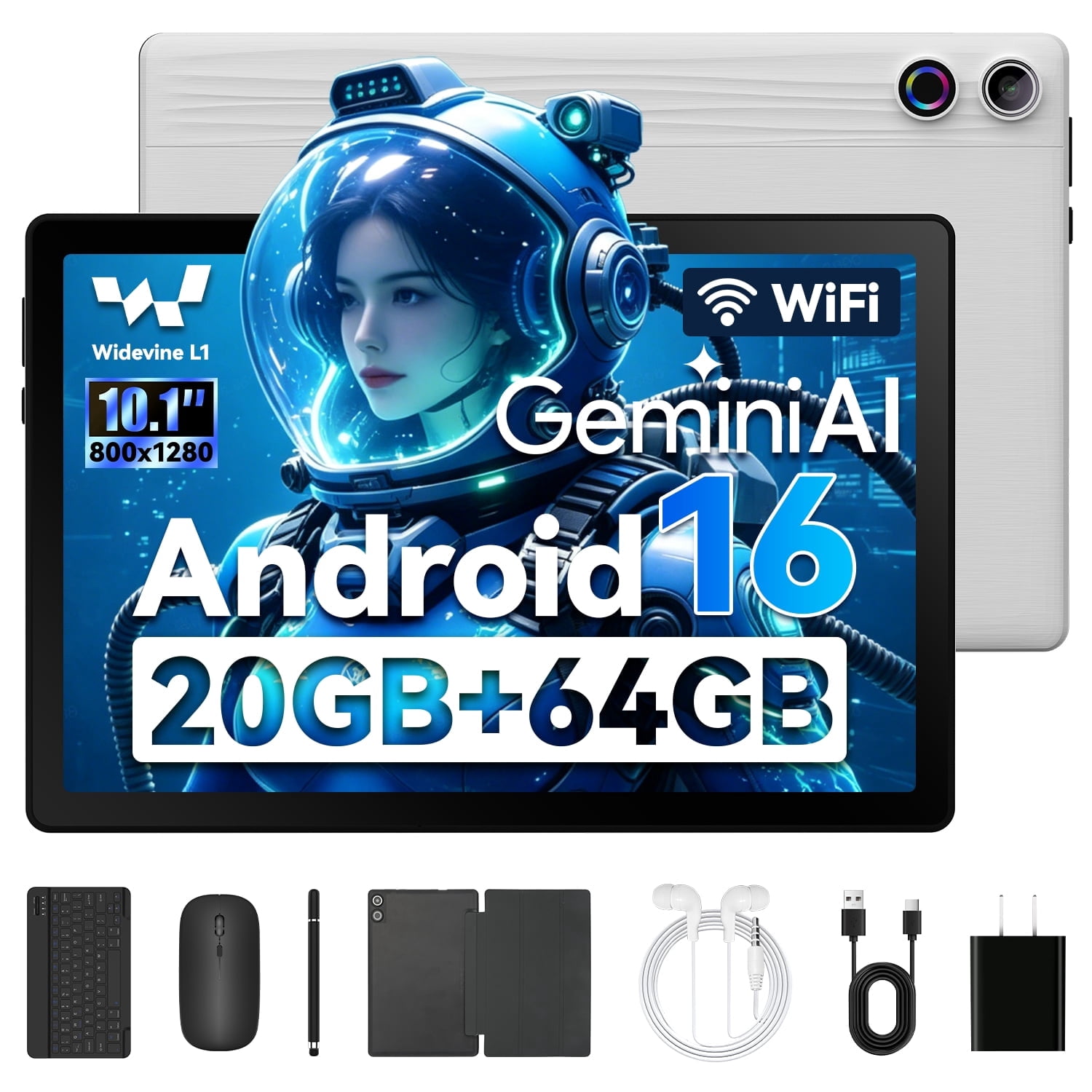 BESTSKI 10 Inch Tablet with Keyboard set, Gemini AI Tablet Octa-Core IPS HD Touchscreen, 20GB+64GB (1TB TF Expandable), Widevine L1, 5000mAh, Wi-Fi 6, Face Unlock, White+ Black Keyboard & Mouse Set