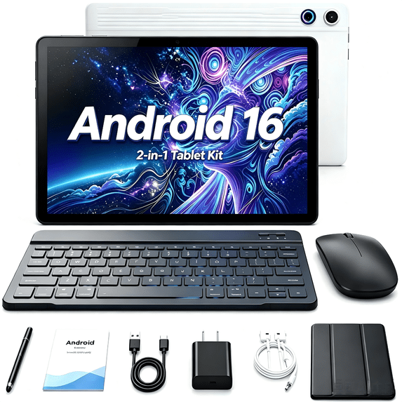 BESTSKI Android 16 10.1 Inch 2-in-1 Tablet Bundle, 20GB + 64GB (1TB Expandable) with Keyboard, Mouse, Stylus & Case, White