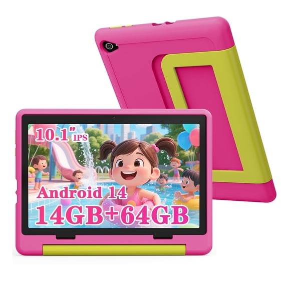 BESTSKI 10.1 inch Kids Tablet, 14GB RAM 64GB ROM, 5G WiFi HD Display with Protective Case, Pink