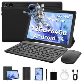 Android 14 Tablet 10 inch,Octa Core Ips HD Touch Screen,12GB RAM + 64GB ROM(TF 1TB), Widevine L1,5000mAh, Wi-Fi 6,Face Unlocked,Black+Keyboard & Mouse Set Black